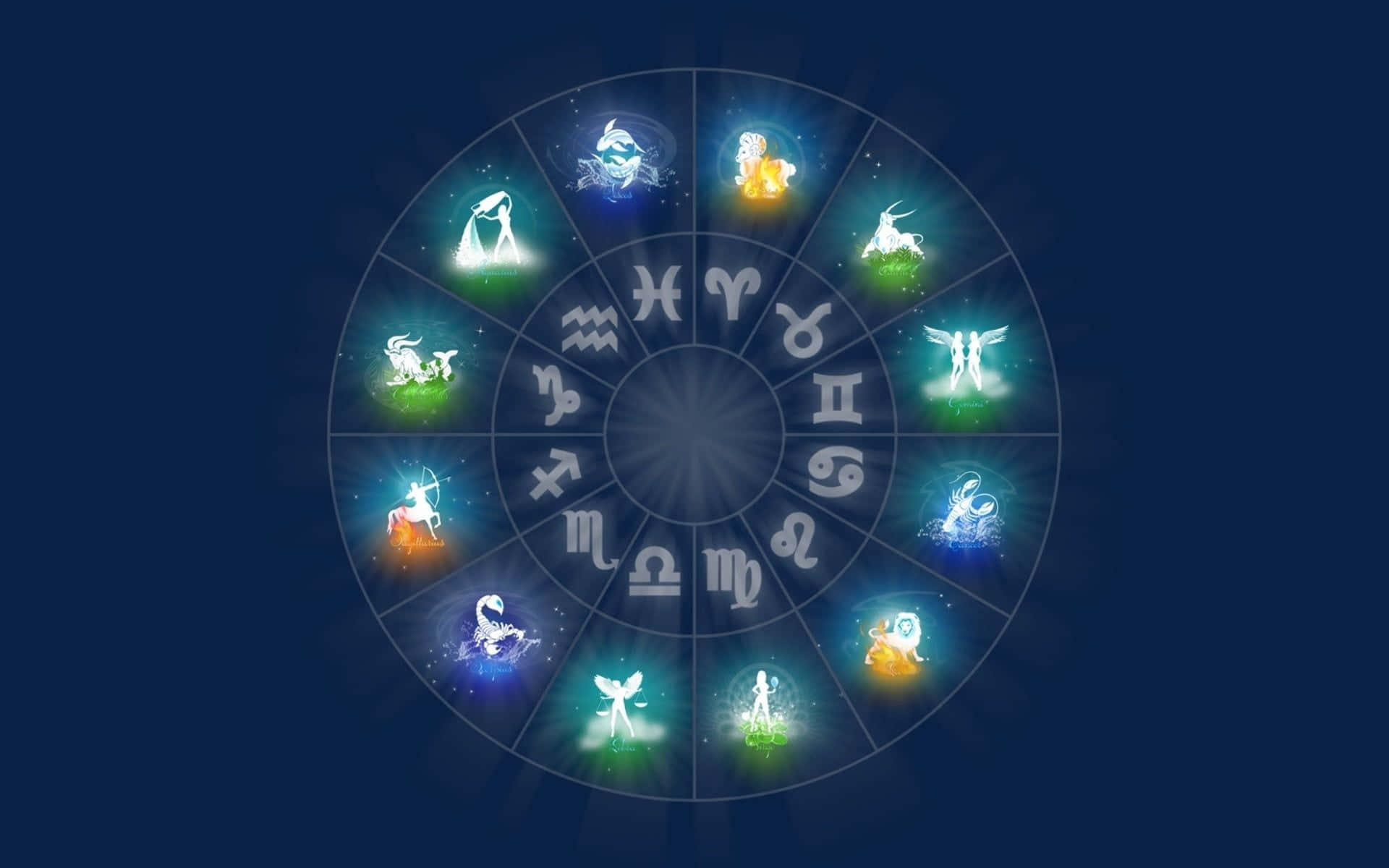 星際中的十二星座圖騰 壁紙 — 一個發光的黃道輪，帶有十二個色彩繽紛的星座符號，在深藍色的宇宙背景中散發光芒。