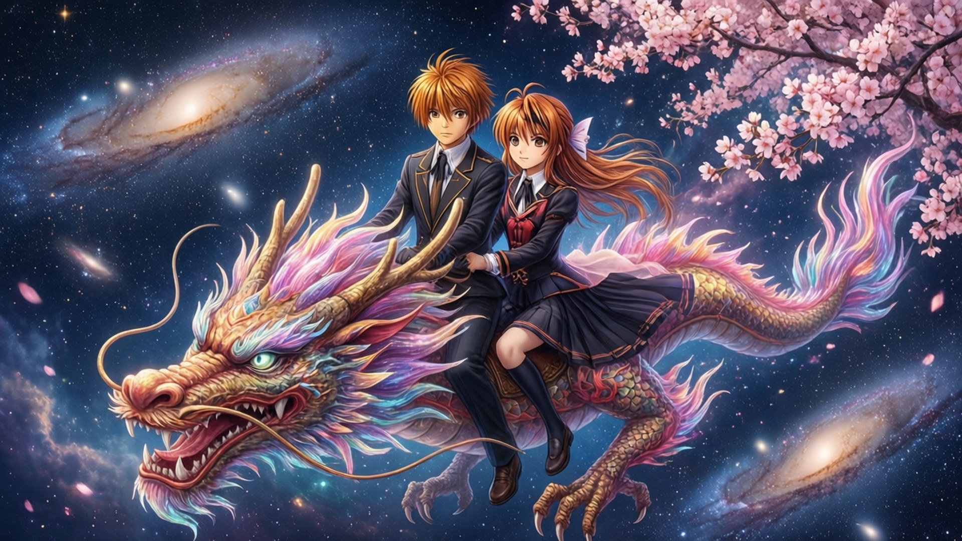 星際之旅 壁紙 — 兩名穿著校服的動漫學生騎著一條充滿活力的宇宙龍，穿越星光燦爛的銀河，櫻花飄落。