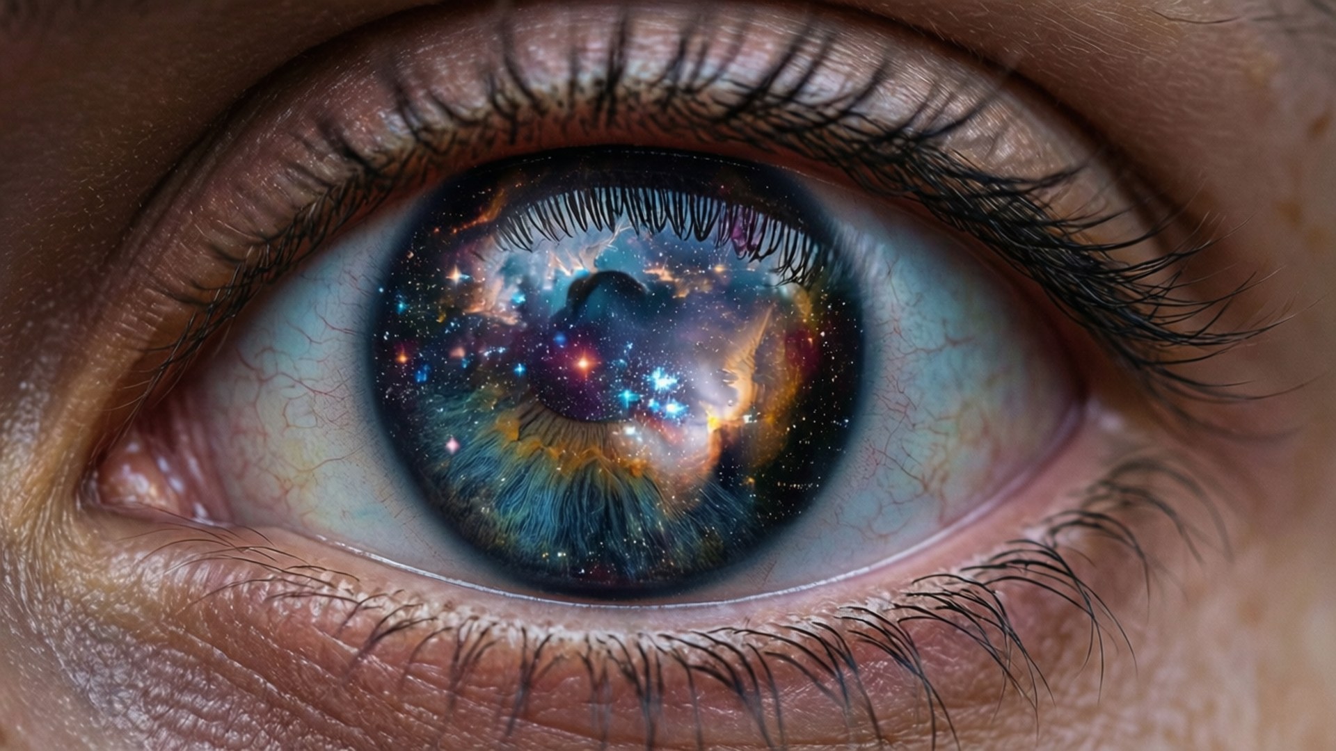 星際之眼氛圍 壁紙 — 人類眼睛的超現實特寫，虹膜內有充滿活力的宇宙星系旋轉。