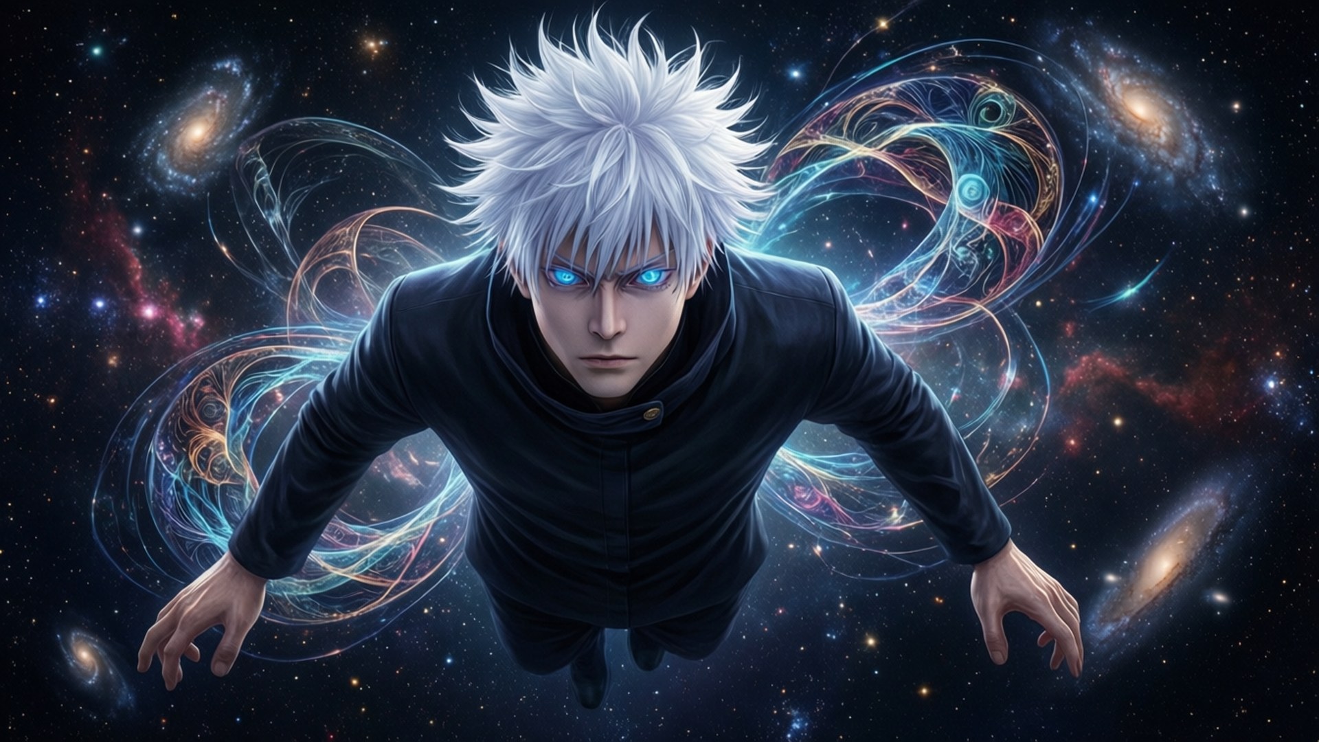 星際五條悟 壁紙 — 一位頭髮尖刺、眼睛發出藍光的動漫戰士，漂浮在旋轉的宇宙能量和遙遠星系之中。