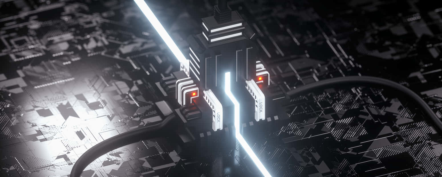 《星際公民》3440x1440 遊戲 壁紙 — 一個未來感的3D渲染電路板，帶有發光的白色和紅色數據流，流經複雜的金屬路徑。