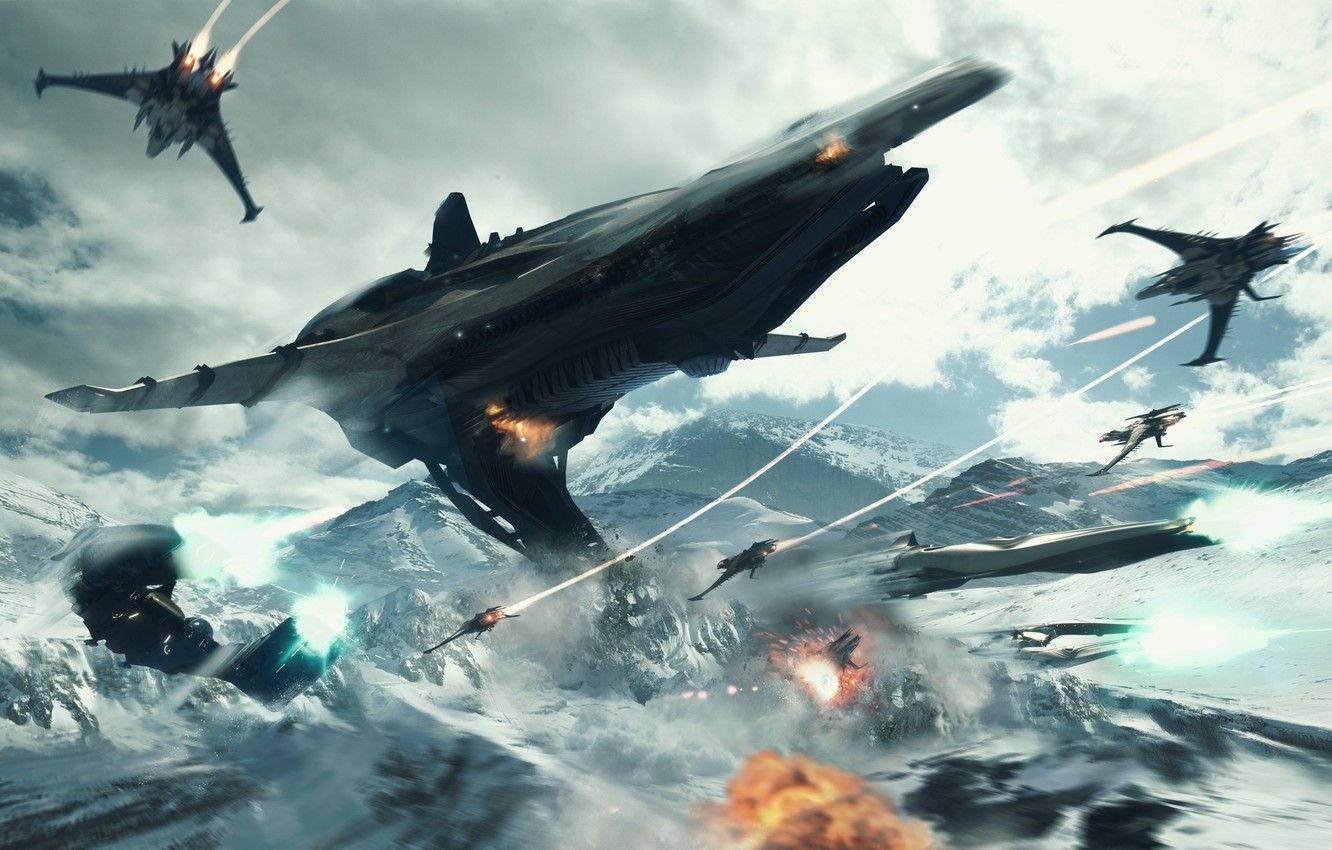 未來戰艦和戰鬥機在積雪的山峰上空爆炸，展開混亂的太空戰鬥。