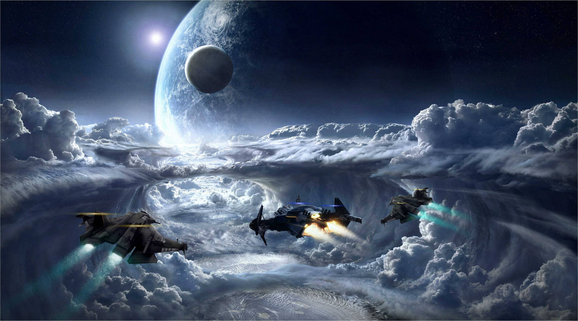 三架戰機飛過行星和月球上方的雲層。