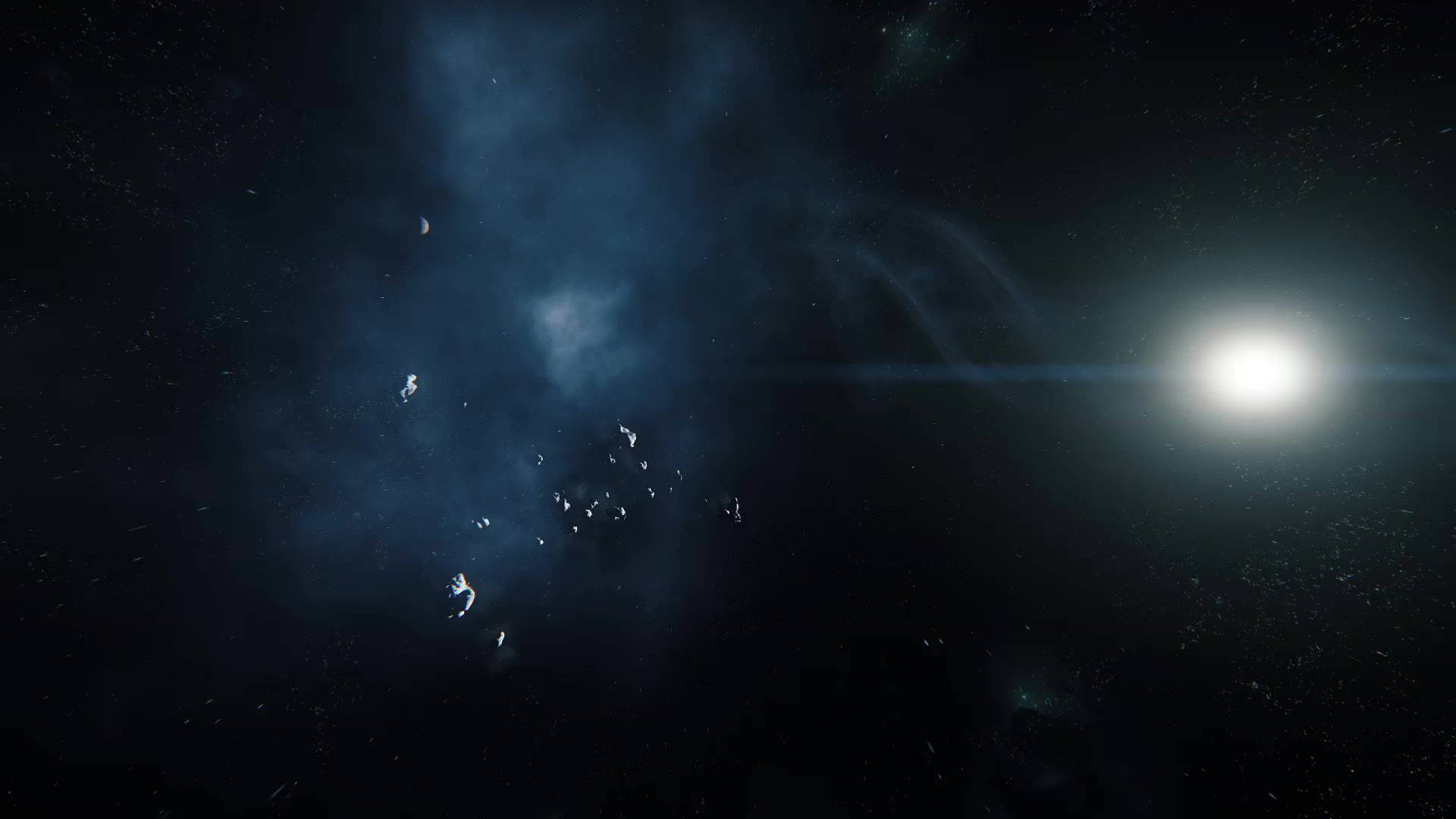 一個發光的藍色星雲，一顆明亮的恆星在黑暗的宇宙中閃耀。