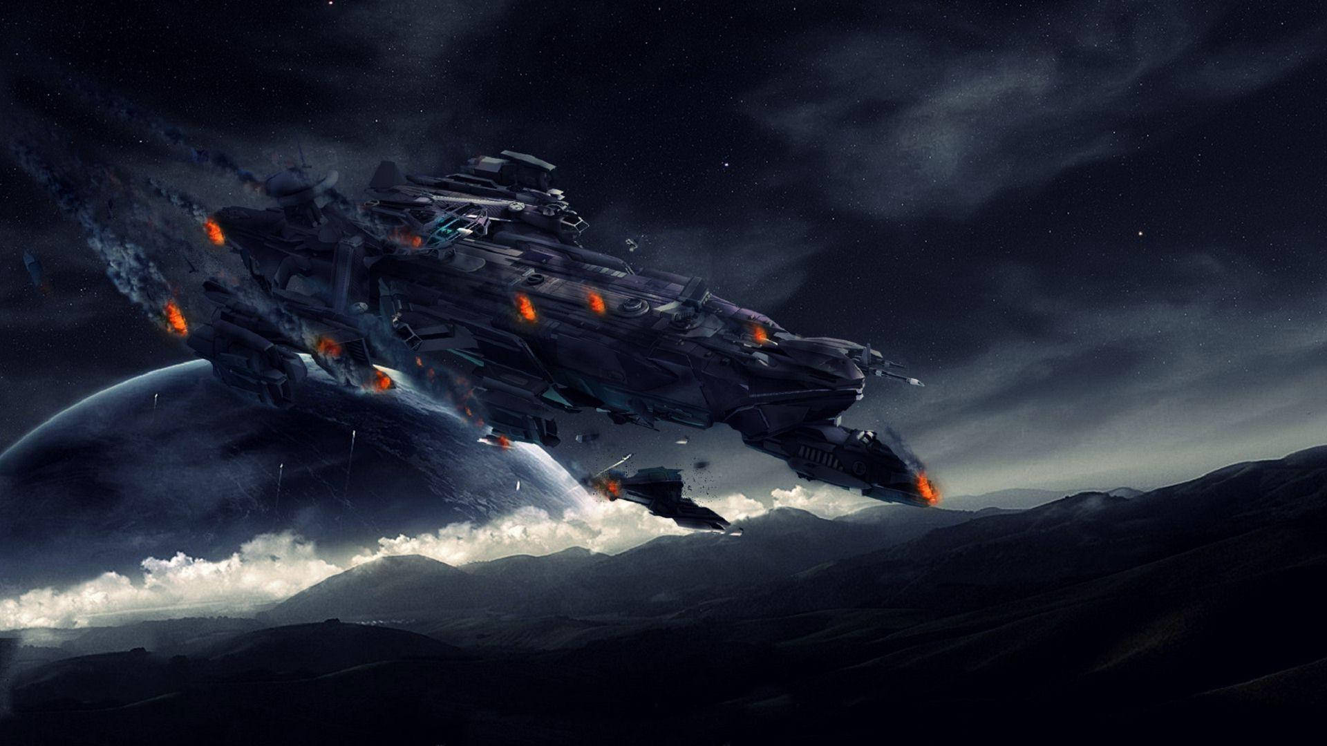 一艘大型太空船帶著火焰引擎在夜間飛越行星。