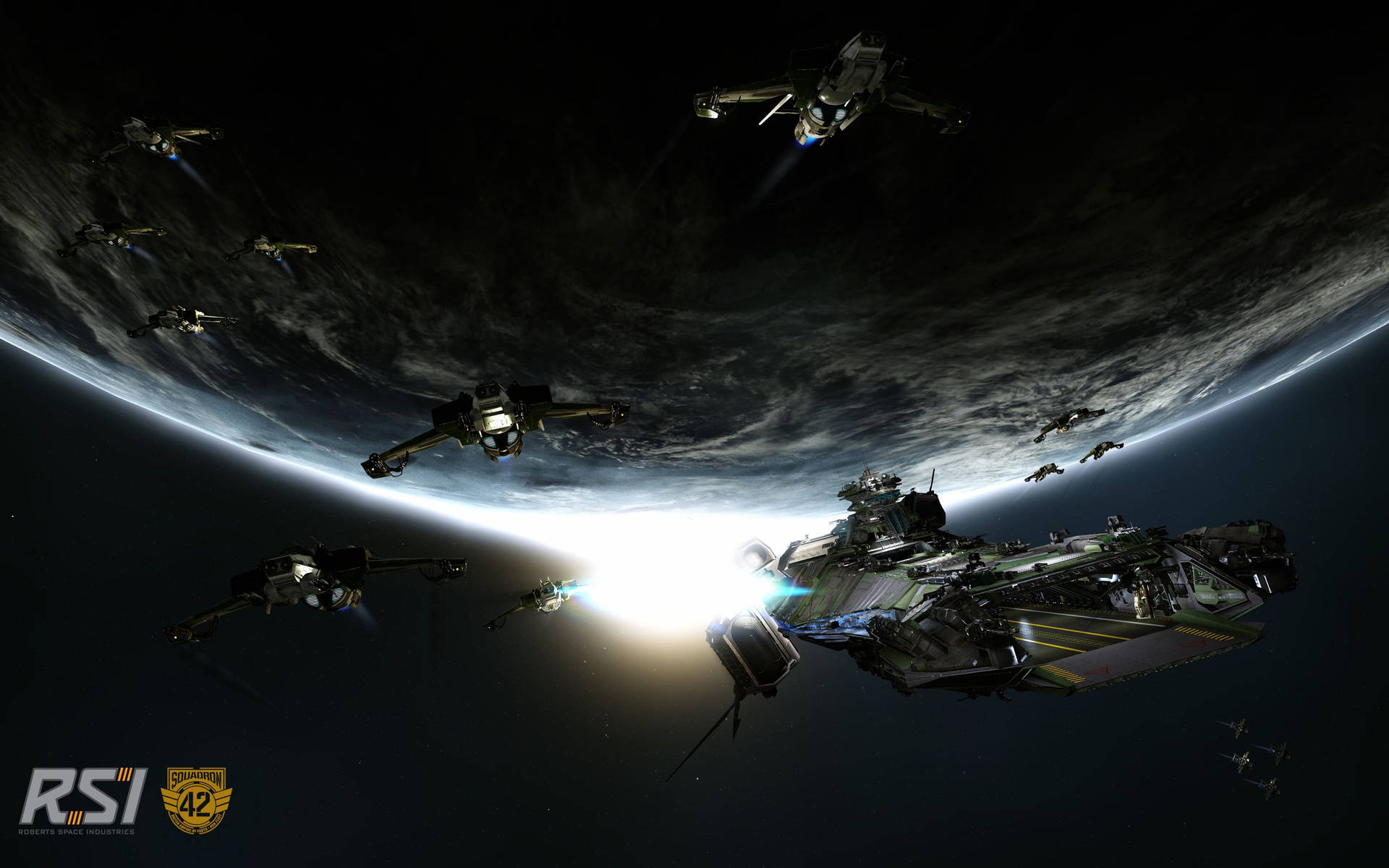 行星上空的太空戰役中的未來戰艦和戰鬥機。