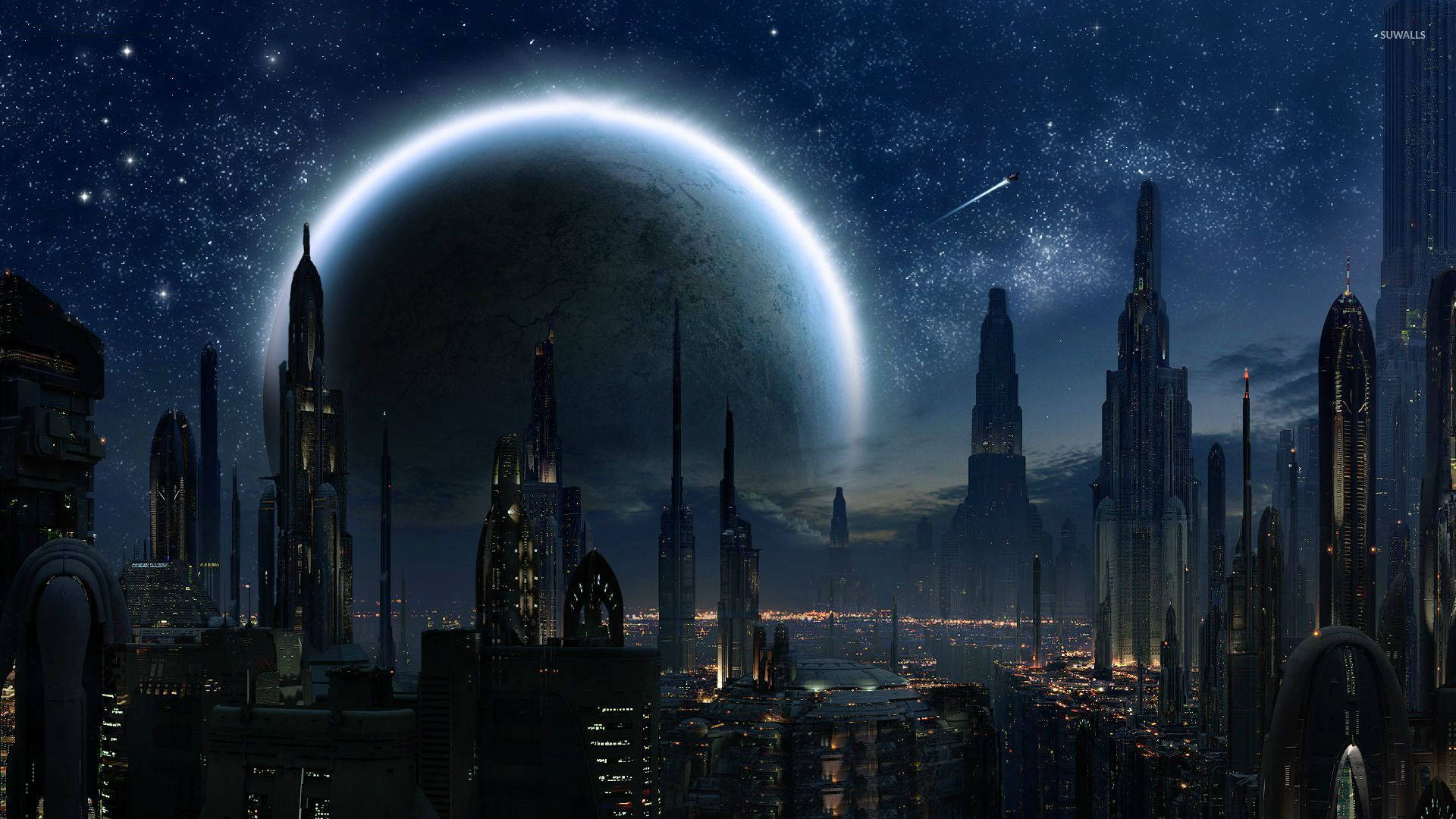 未來主義的城市天際線夜景，在巨大的發光行星和星星下。 — 星際大戰 壁紙