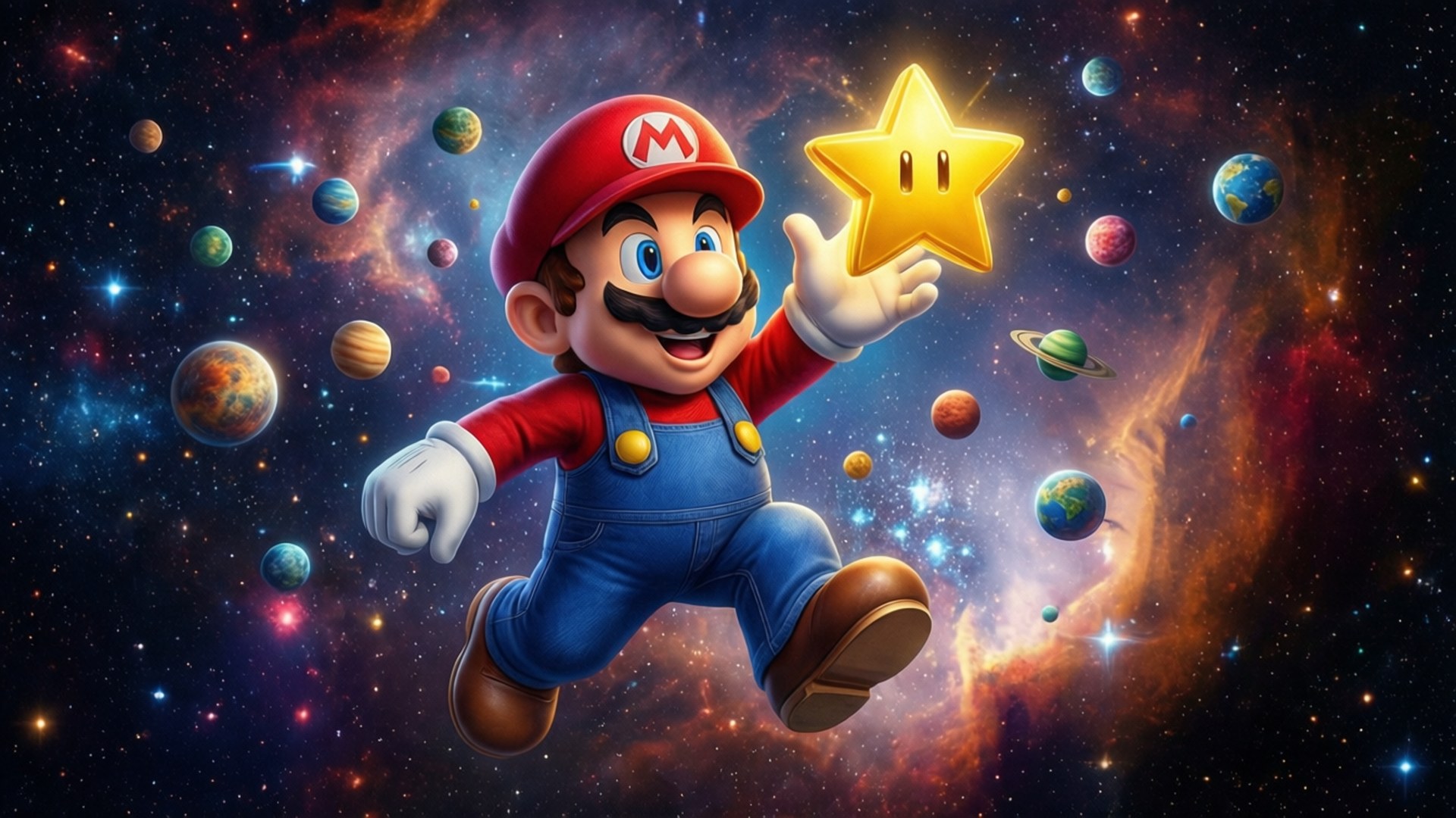 瑪利歐在太空中手持星星，周圍環繞著行星和星星