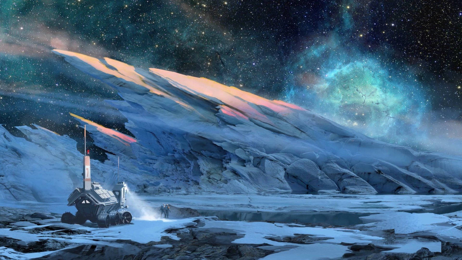 星際冰凍星球 壁紙 — 一架未來風格的探測車在繁星點點、帶有發光星雲的天空下，探索一個被雪覆蓋的外星行星。