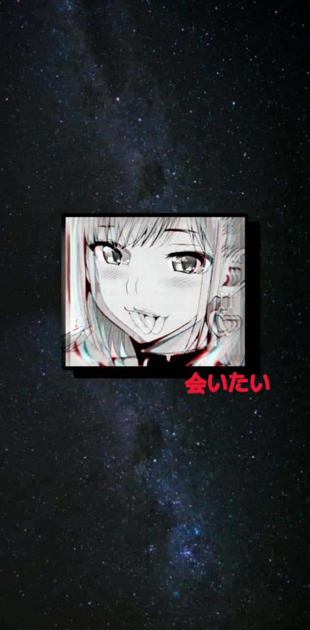星際動漫可愛少女 壁紙 — 一個微笑的動漫女孩肖像漂浮在星光銀河背景下，下方有紅色日文字。