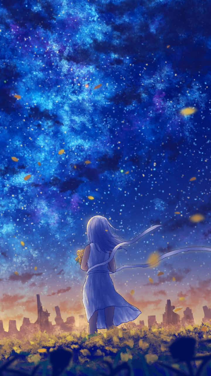 星際動漫少女立於花海 壁紙 — 一個孤獨的動漫女孩穿著飄逸的連衣裙，站在黃色花田中，仰望充滿落葉的 vibrant 藍色星空。