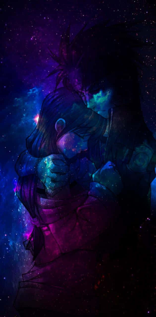 星際動漫擁抱彼此 壁紙 — 兩個人物在旋轉的紫色和藍色星雲以及發光星星的宇宙背景下親密擁抱。