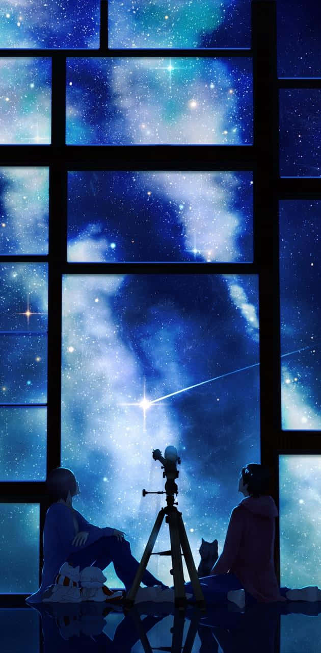 星際動漫窗邊觀星 壁紙 — 兩個剪影人物坐在一個大窗前，凝視著充滿宇宙雲和明亮流星的生動星空。