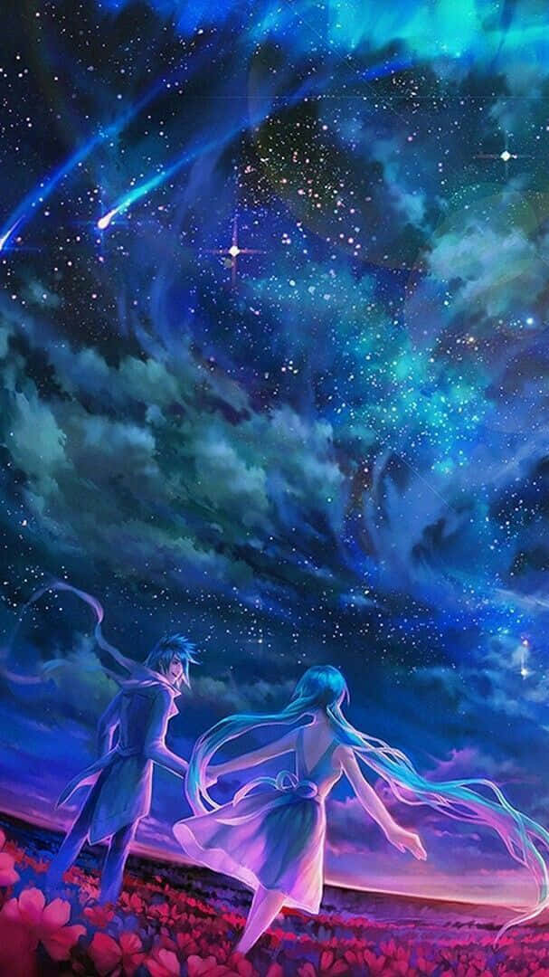 星際動漫紅花漫步 壁紙 — 兩個動漫人物在充滿活力的宇宙天空下跳舞，天空中有流星和發光的星雲，下方是一片粉紅色的花田。