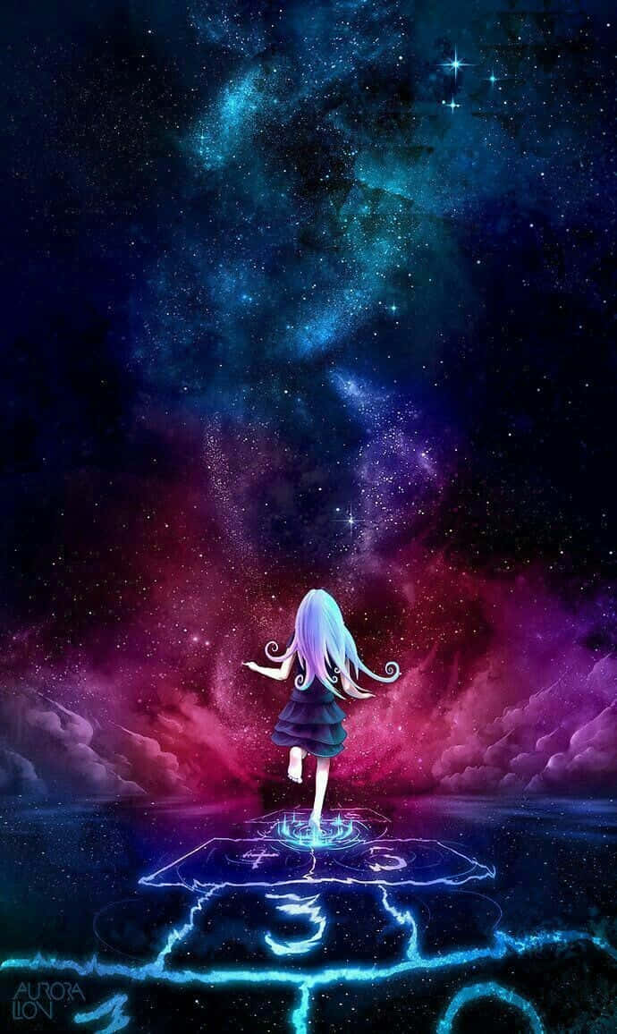 星際動漫霓虹方塊 壁紙 — 一個擁有飄逸藍色頭髮的年輕女孩站在發光的符文上，下方是充滿旋轉星雲和星星的充滿活力的宇宙天空。
