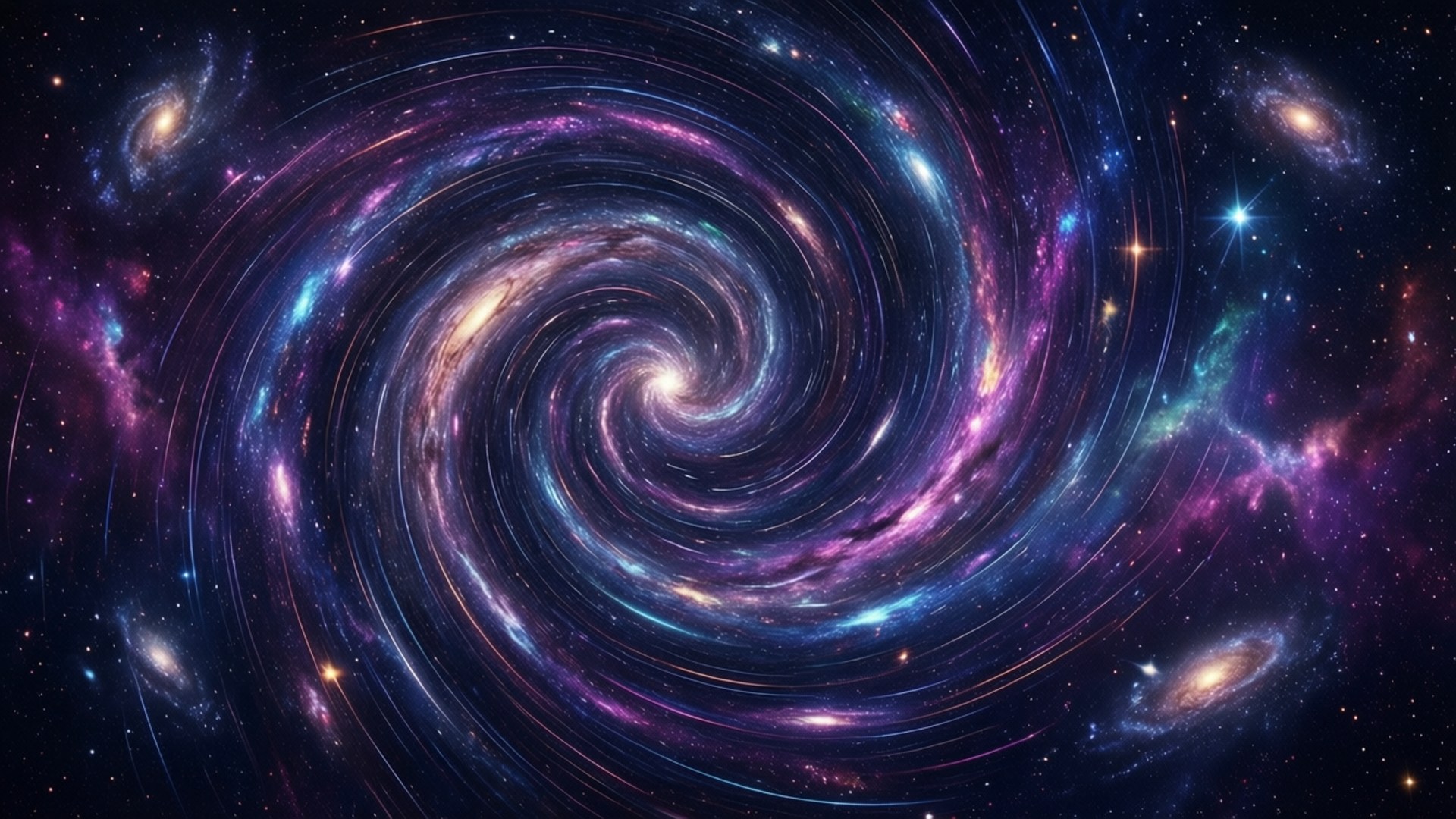 在深空中，充滿活力的螺旋星系，帶有發光的星雲和恆星。