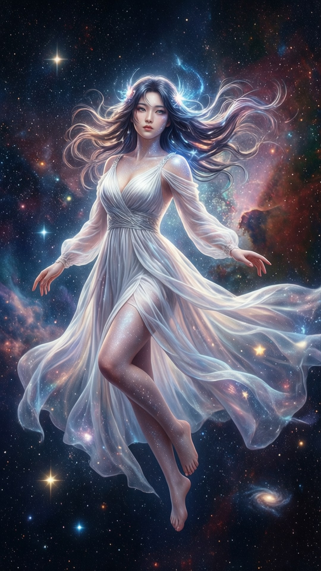 一位穿著白色長袍的女性在太空中的恆星和星系之間漂浮。