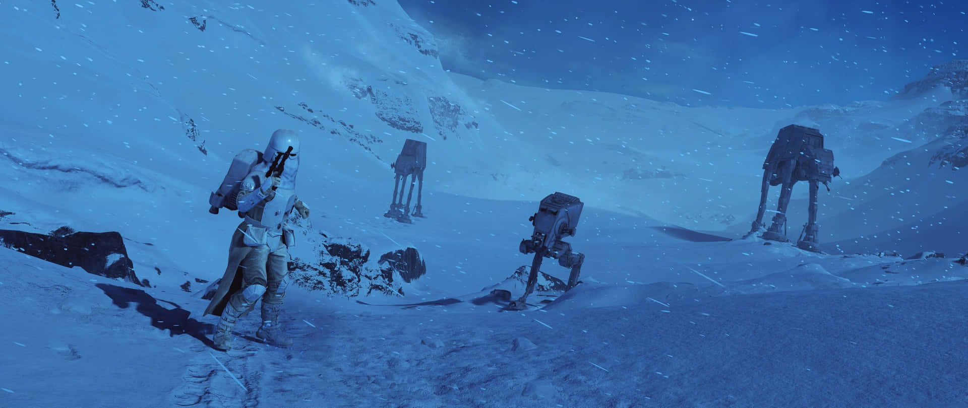 雪地士兵在雪地中行進，背景有 AT-AT 步行機在星空下。