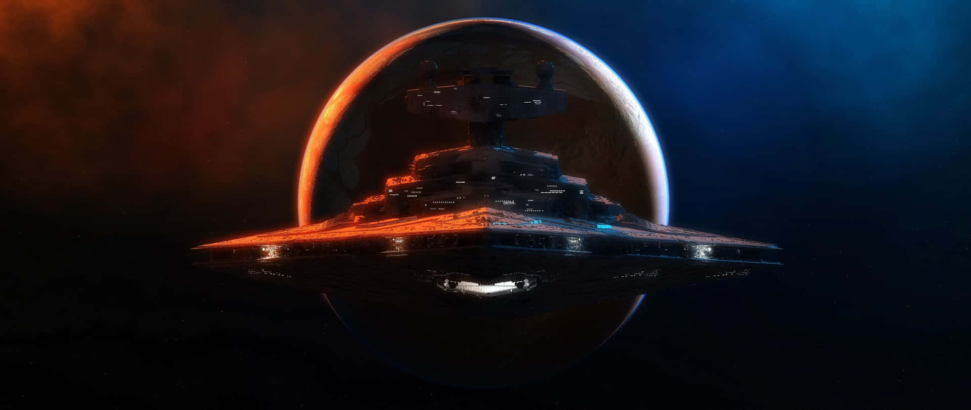 一艘星際毀滅者在深空中環繞一顆發光的橙色行星。