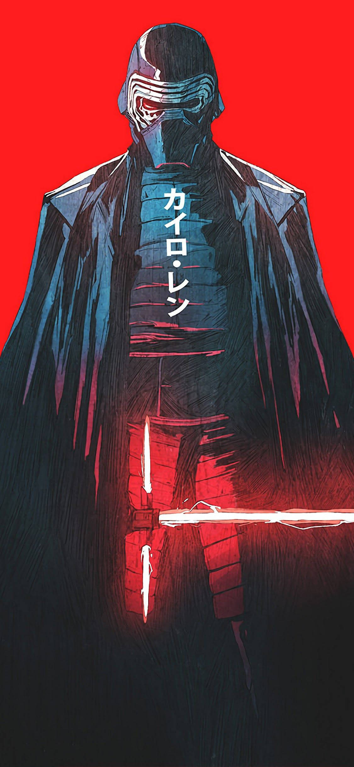 《星際大戰》4K iPhone 壁紙：威脅感十足的凱羅·忍 壁紙 — 一個動漫風格、帶有威脅性的Kylo Ren站在鮮紅色背景前，手持發光的紅色光劍。