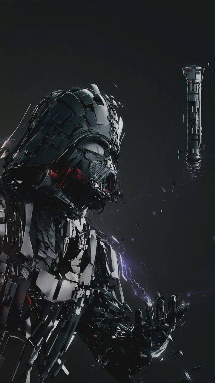 《星際大戰》4K iPhone 壁紙：達斯·維德粉絲藝術 壁紙 — 一個身穿破碎盔甲的威脅性達斯維達站在黑暗虛空中，閃電在他手周圍噼啪作響，遠處有一座塔樓隱現。