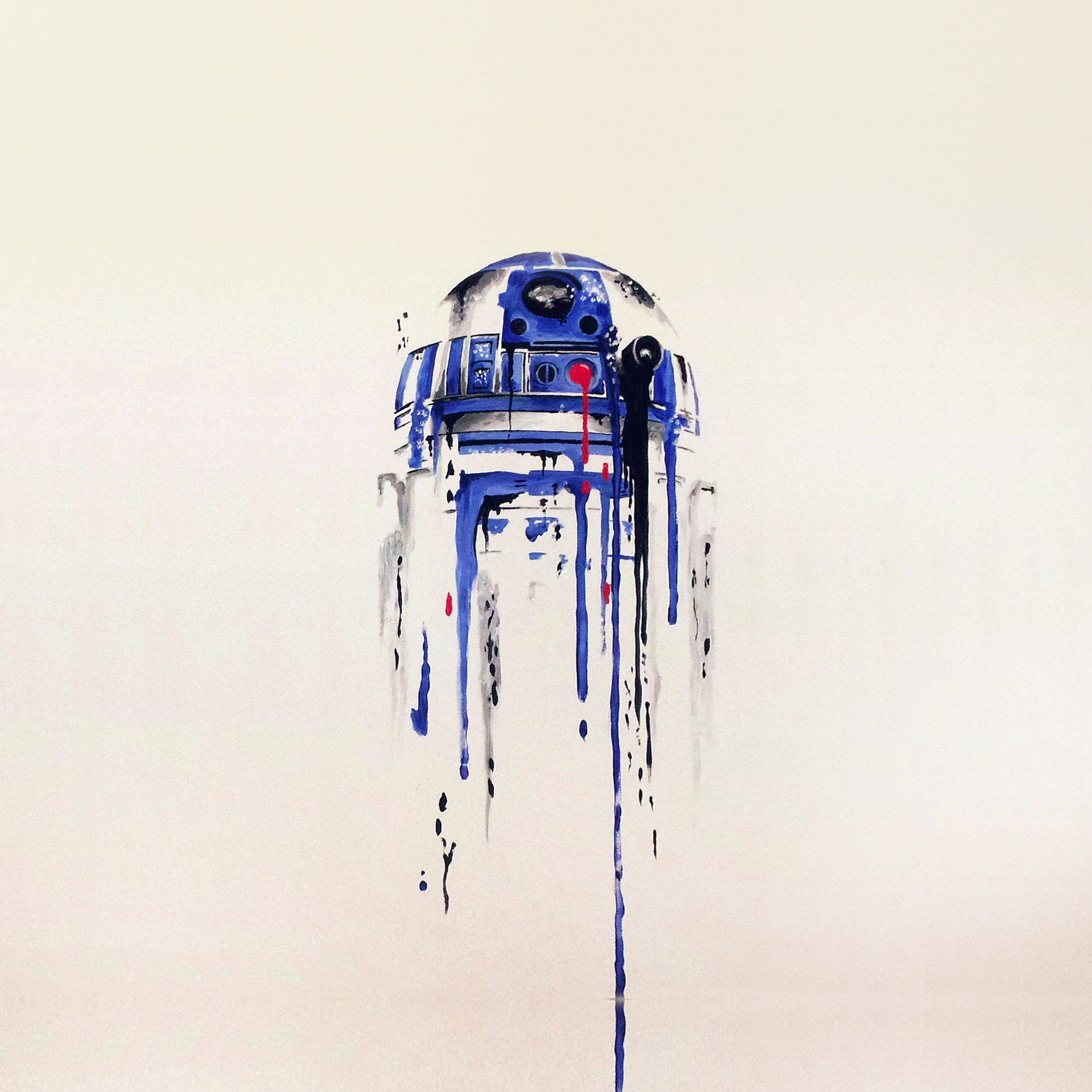 星際大戰 iPad R2-D2 藝術畫 壁紙 — 一幅R2-D2的水彩畫，藍色和黑色顏料沿著它的身體滴落，背景蒼白。