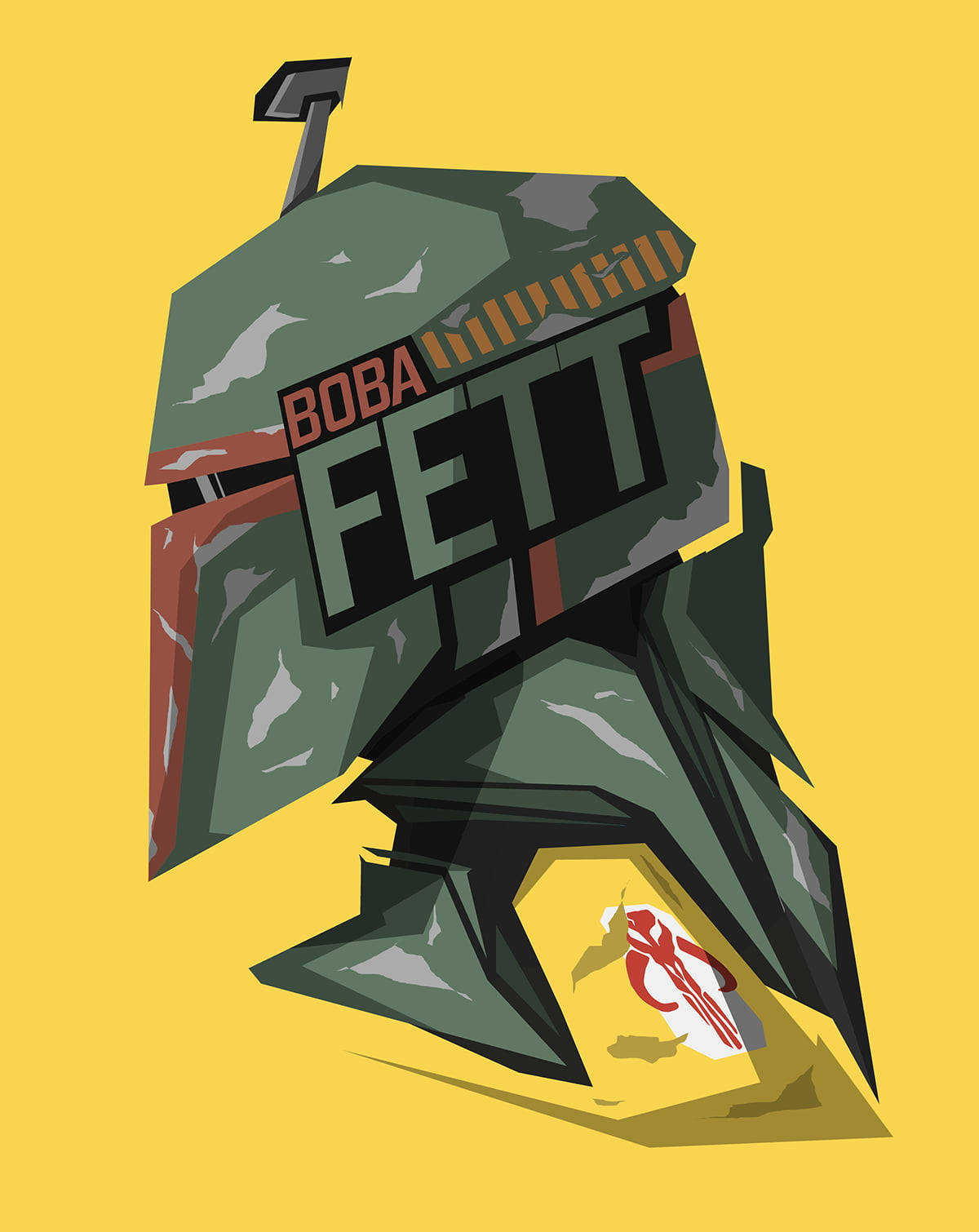 星際大戰 iPad 壁紙：賞金獵人波巴·費特藝術畫 壁紙 — Boba Fett 頭盔的風格化插圖，帶有粗體文字和黃色背景。