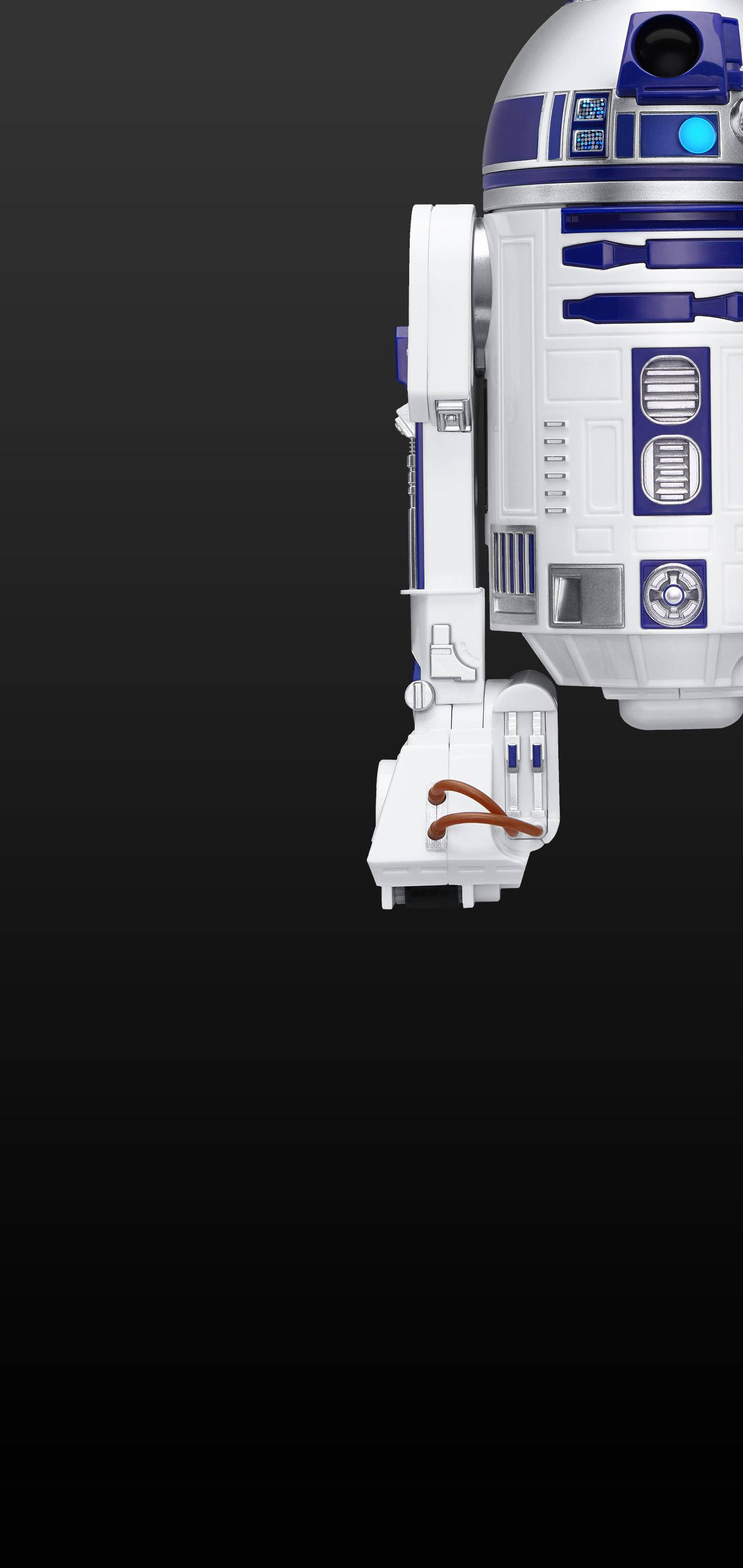 星際大戰 R2-D2 Galaxy S10 壁紙 — 經典白色和藍色宇航技工機械人R2-D2在深色背景上的特寫。