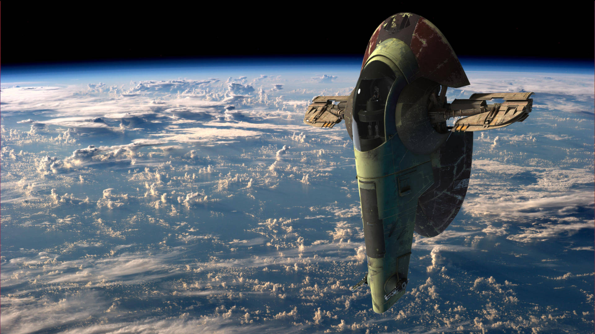 復古太空船在地球雲層上空飛行