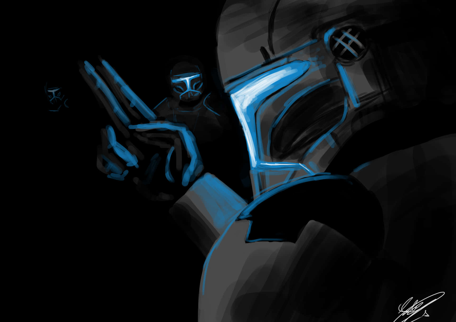 一個身穿暗色盔甲、戴面具的人物在黑色虛空中手持發光藍色武器。
