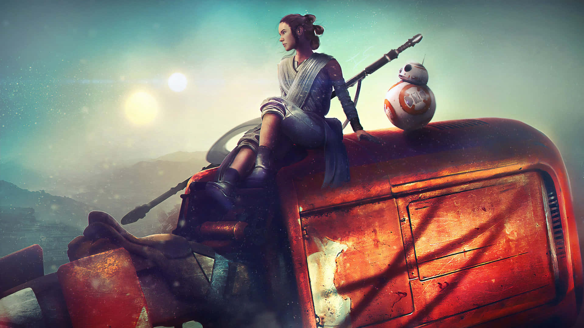 Rey 和 BB-8 在雙太陽天空下的紅色飛車上