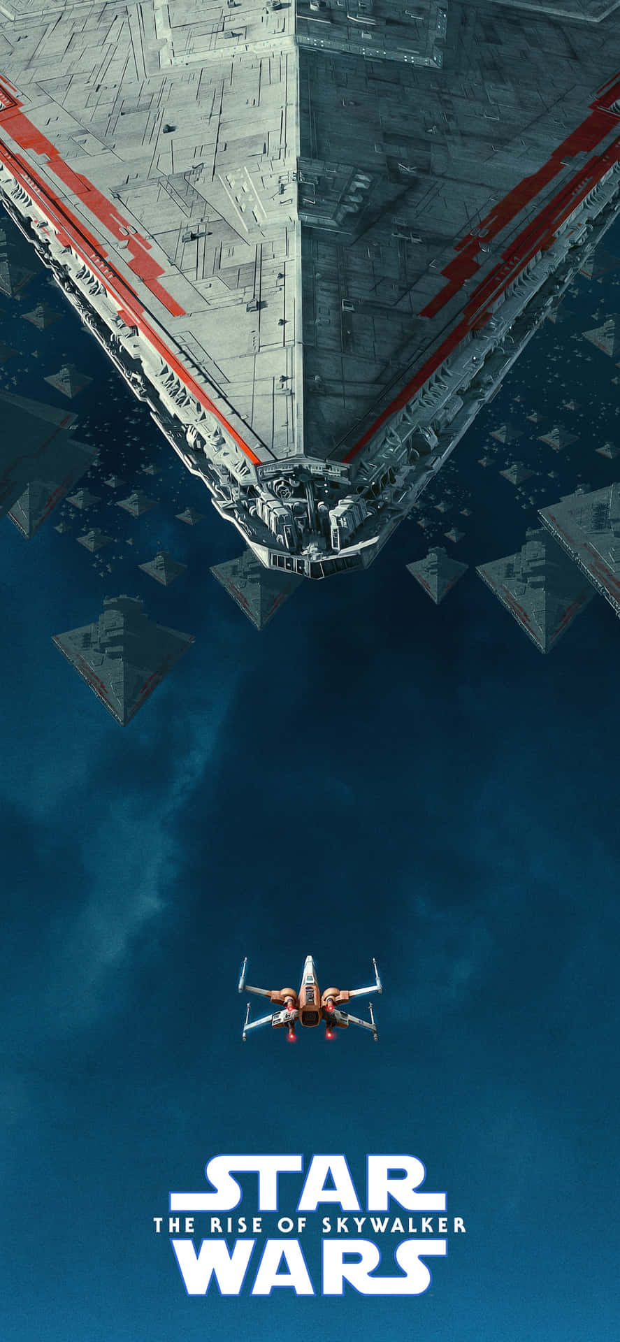 星際戰機在太空中的殲星艦下飛行，來自《星球大戰：天行者崛起》。