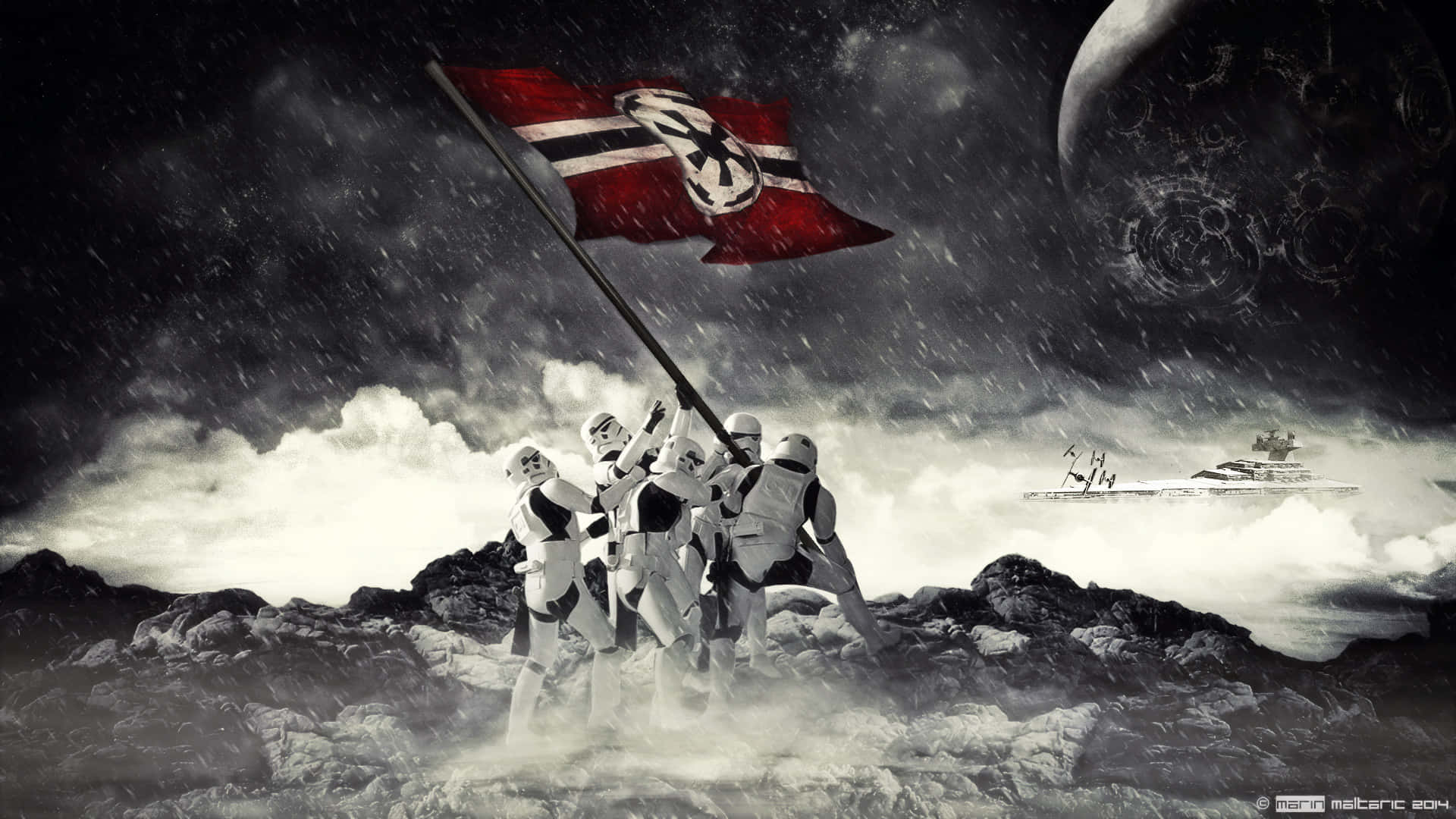 風暴兵在暴風雨中，在岩石外星球上升起納粹旗幟。
