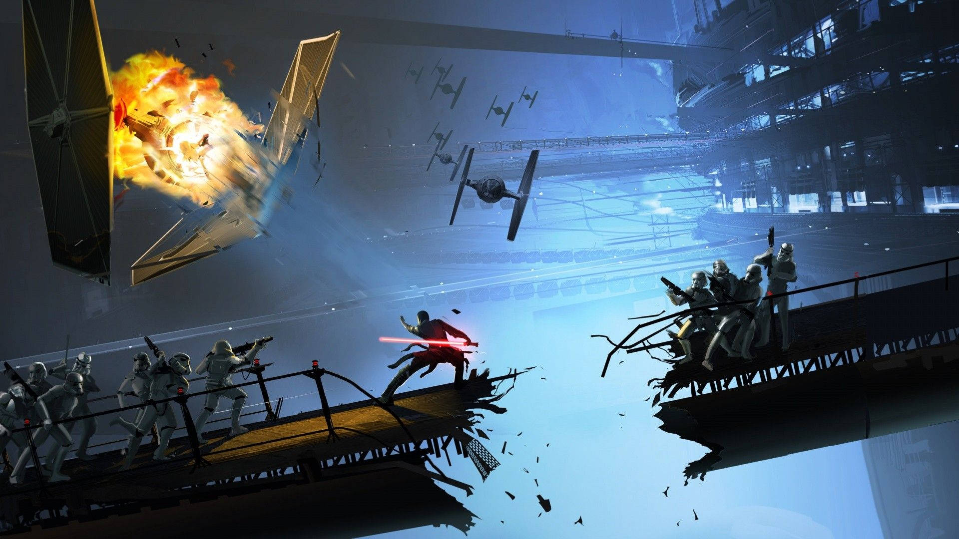 絕地武士在破碎平台上與風暴兵戰鬥，星際戰機在天空爆炸。