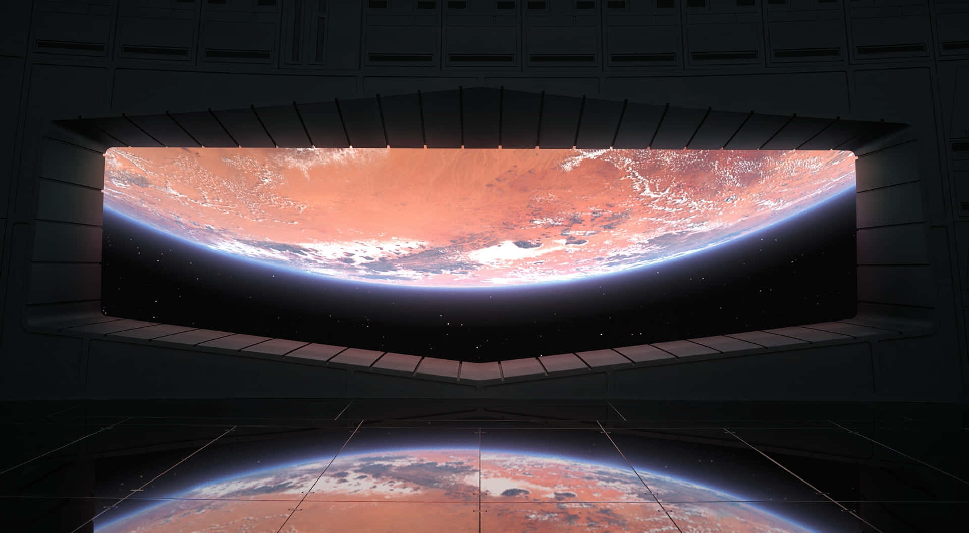 透過太空船窗戶看到火星的景色，地板上有倒影