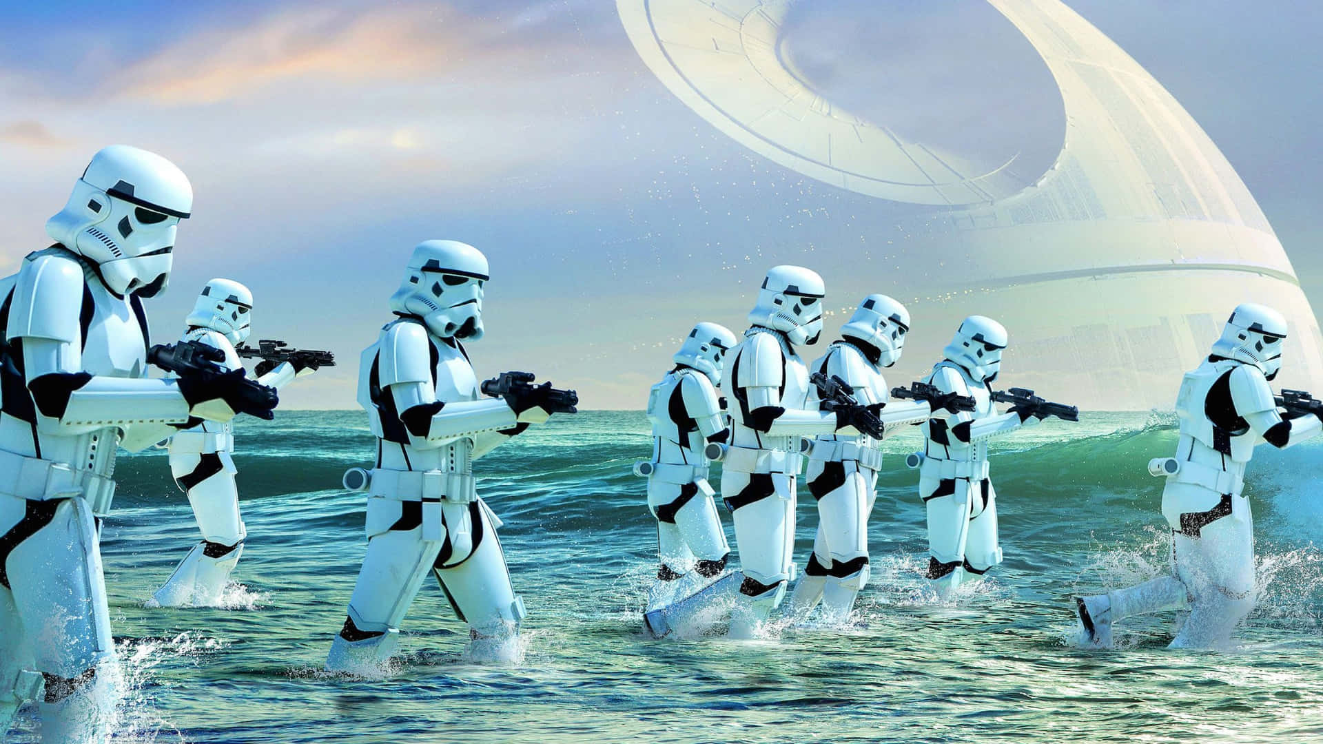 風暴兵涉水穿過海浪走向太空船。