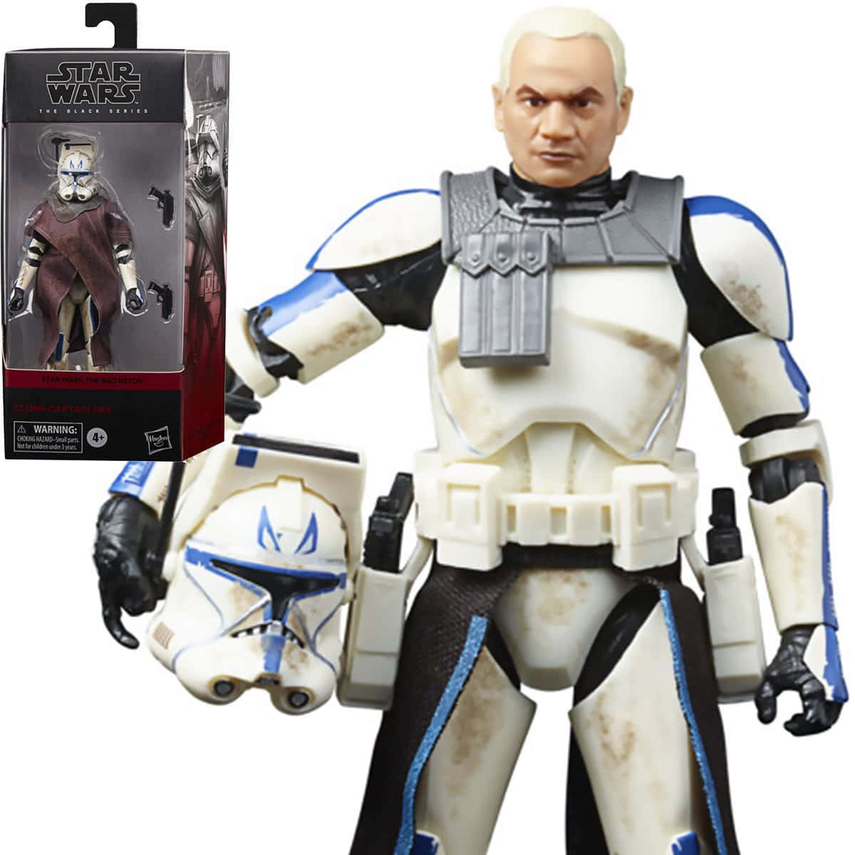 Star Wars Black Series Captain Rex 可動人偶，在盒子旁邊手持頭盔。