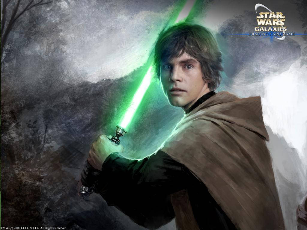 Luke Skywalker 喺霧氣山巒場景中手持綠色光劍。