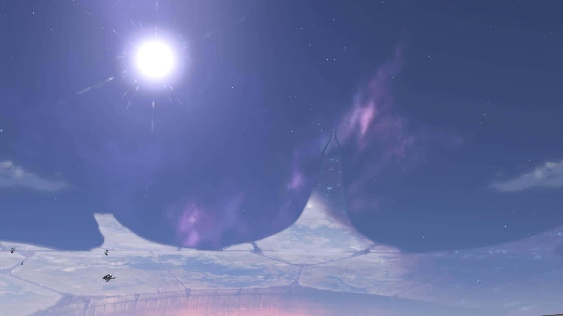 《星際大戰》阿克的壯烈戰鬥 壁紙 — 一個巨大的鯨魚形天體在繁星點點的紫色天空中滑行，上方有耀眼的太陽。