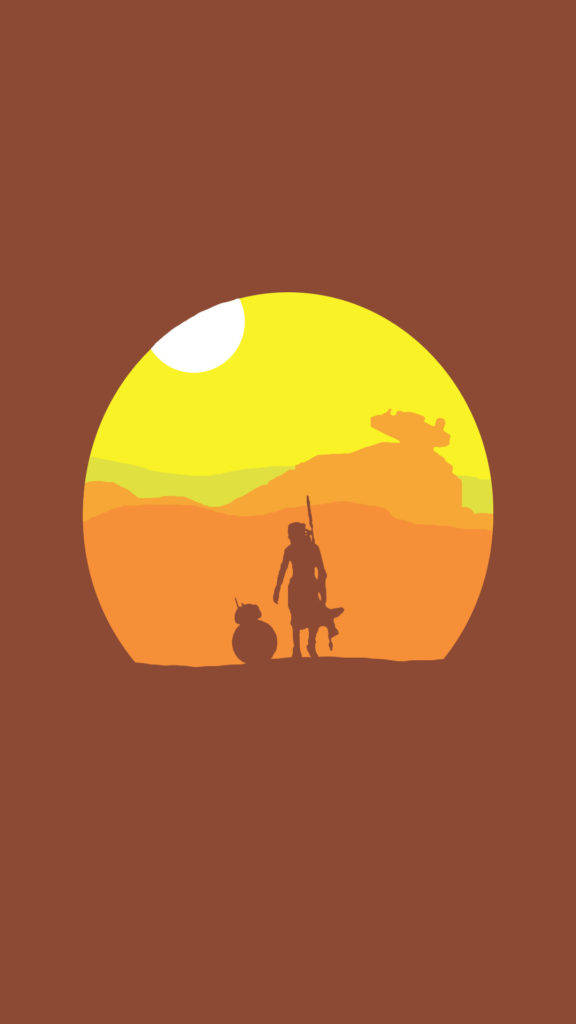 星際大戰 電腦桌布：BB-8 與蕾伊在沙漠 壁紙 — 剪影人物站在沙漠景觀中，面對著發光的太陽，遠處有山脈和一輛飛行器。