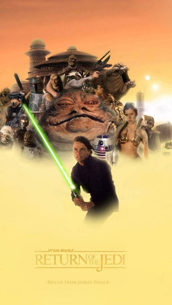 星際大戰 電腦桌布：《絕地大反攻》盧克與蕾伊 壁紙 — Luke Skywalker 揮舞綠色光劍，在混亂的場景中與Jabba the Hutt、Leia公主和R2-D2一起從Jabba的宮殿中營救。