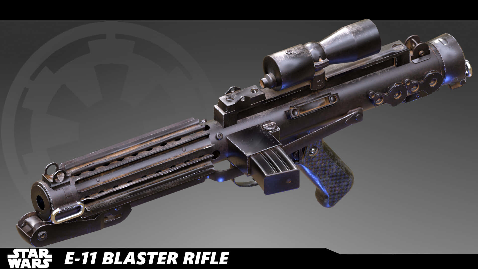 Blaster Rifles 桌布 壁紙 — 星際大戰E-11爆能步槍的詳細3D渲染，帶有發光藍色裝飾和背景中的帝國標誌。