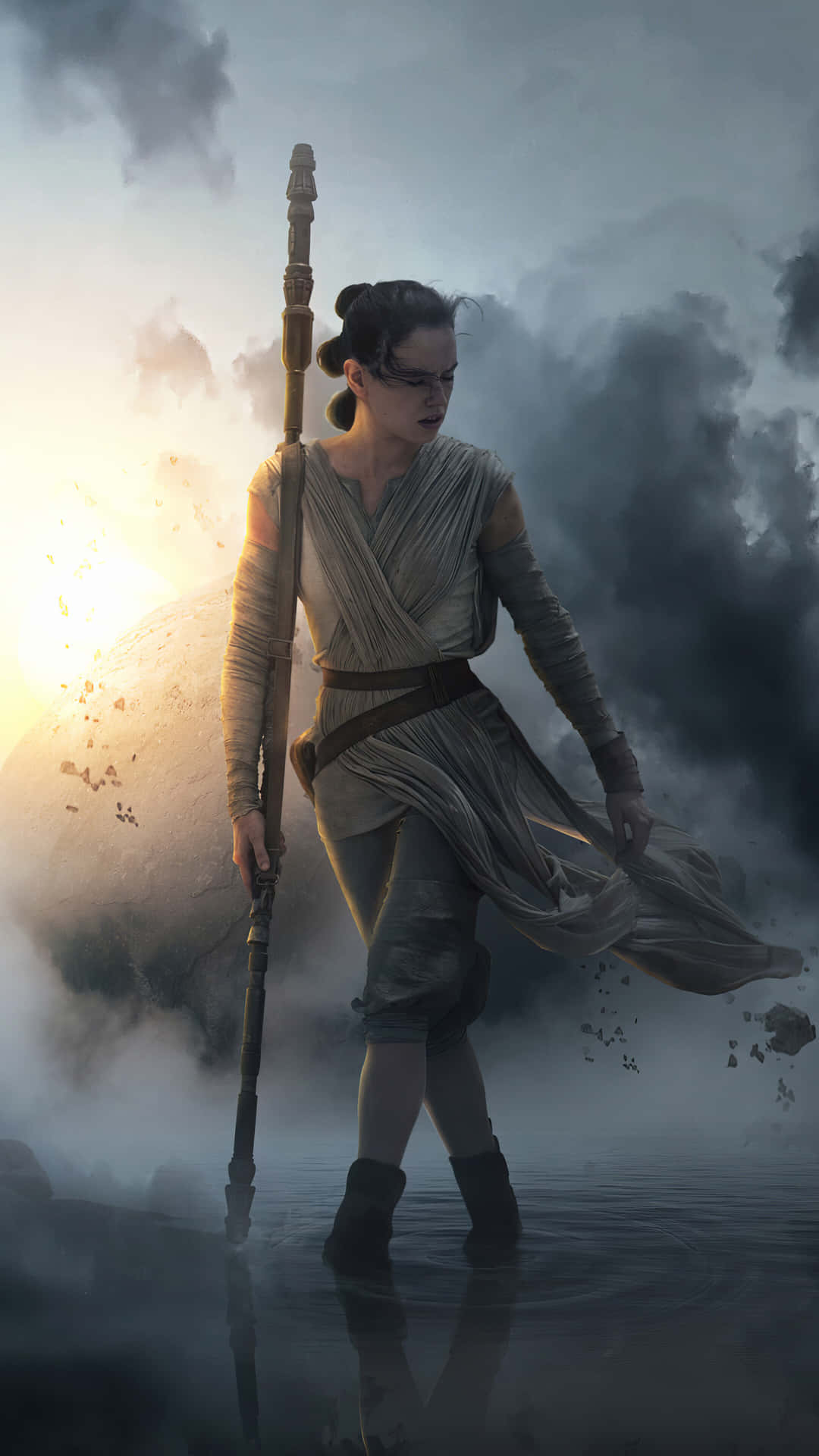 水中年輕女戰士手持法杖，太陽在雲後