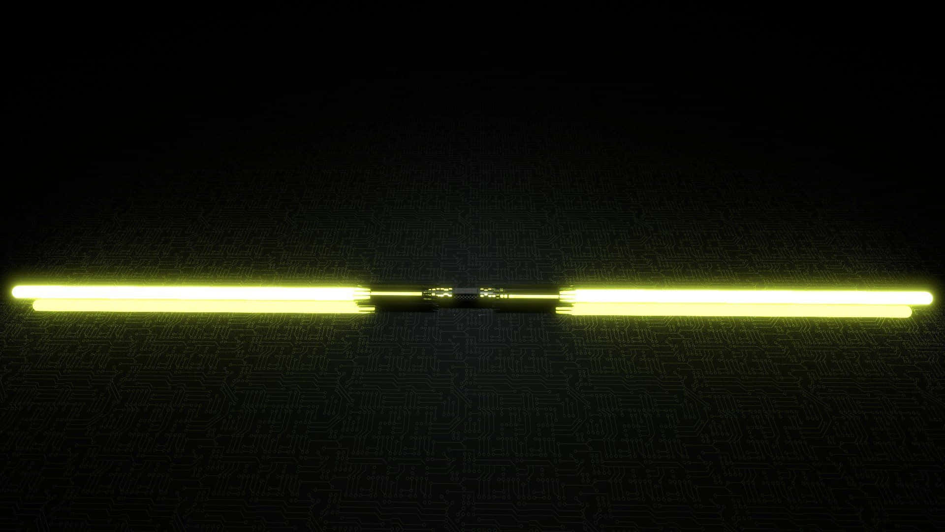 兩根發光的黃色霓虹燈管懸浮在深色電路板圖案上方。