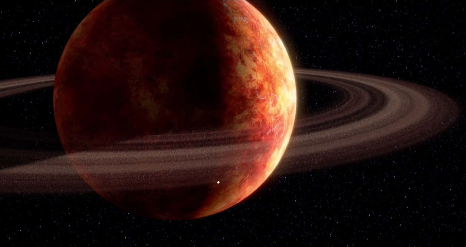星際大戰中的蓋諾西斯星球 壁紙 — 一顆熾熱的紅色行星，帶有旋轉的雲層和突出的光環，在星光燦爛的宇宙背景下閃耀。