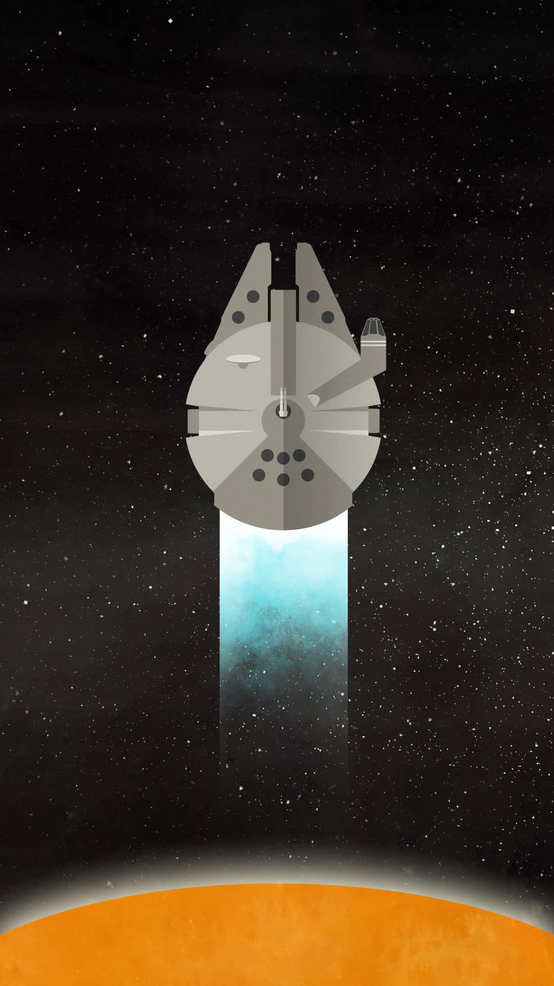 藍色引擎的太空船在橙色行星上方的星空中飛行。