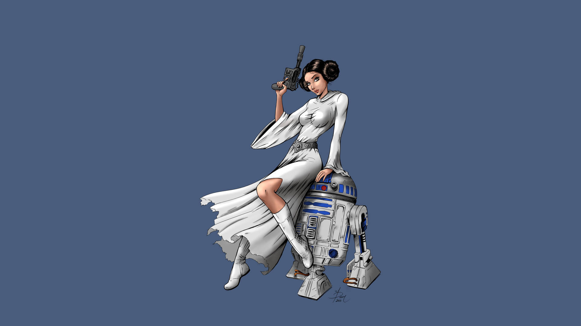 莉亞公主身穿白色長袍坐在R2-D2上，手持爆能槍，背景為藍色。