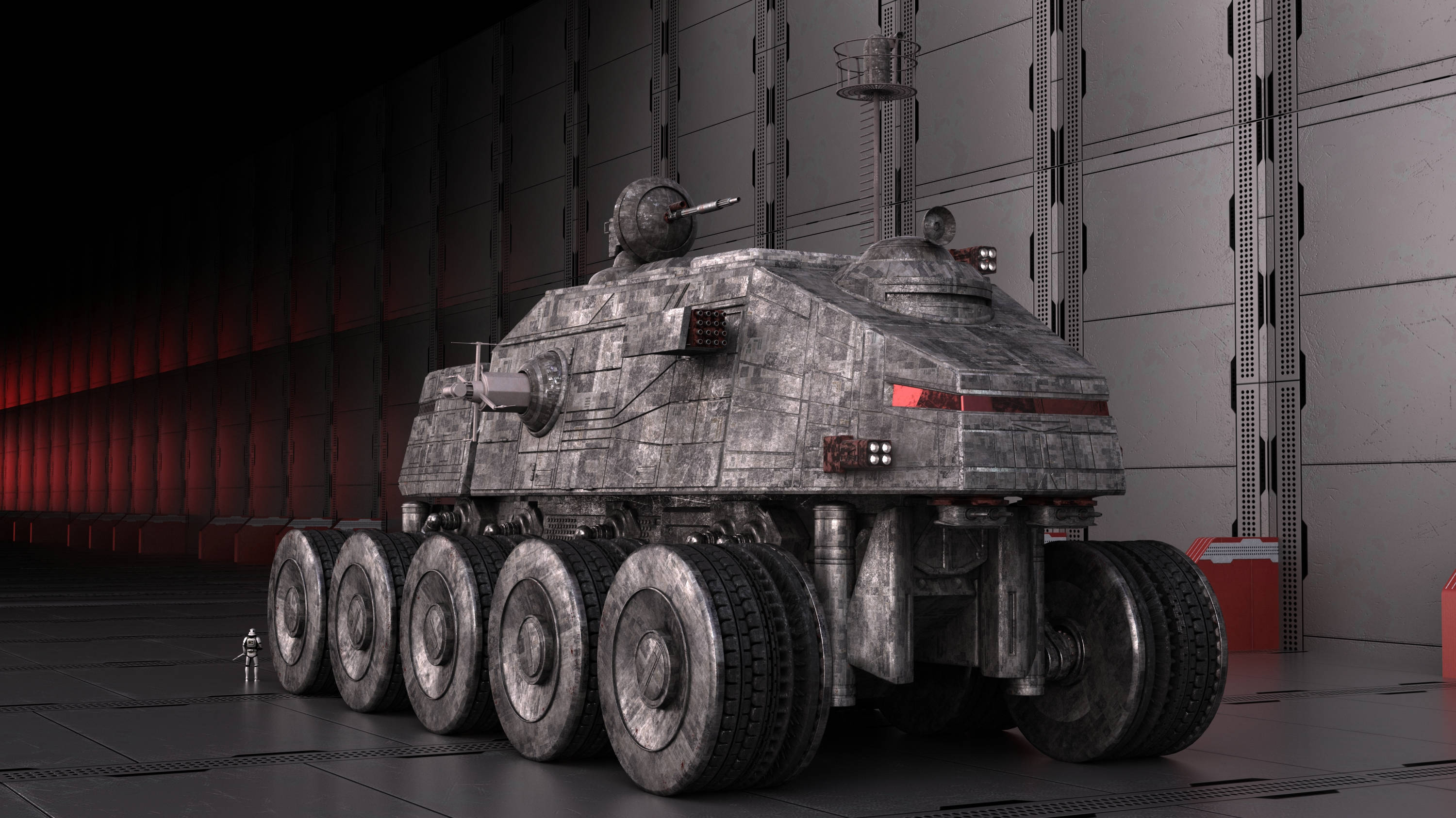 星際大戰巨無霸車輛 壁紙 — 一架擁有六個輪胎的大型裝甲軍用車輛，停放在由紅色壁燈照明的昏暗機庫中。