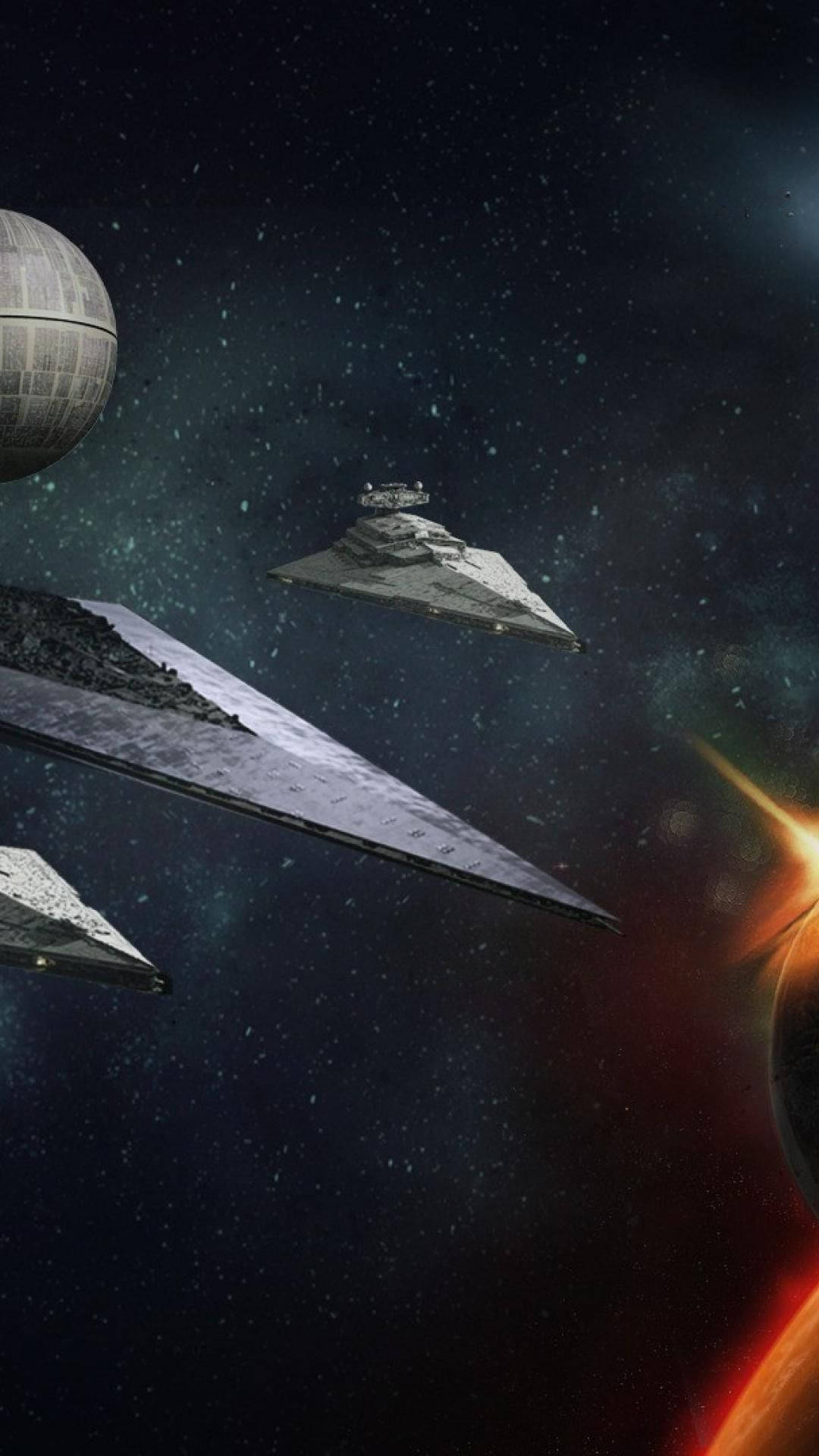 深空中發光行星附近的星際驅逐艦和死星。