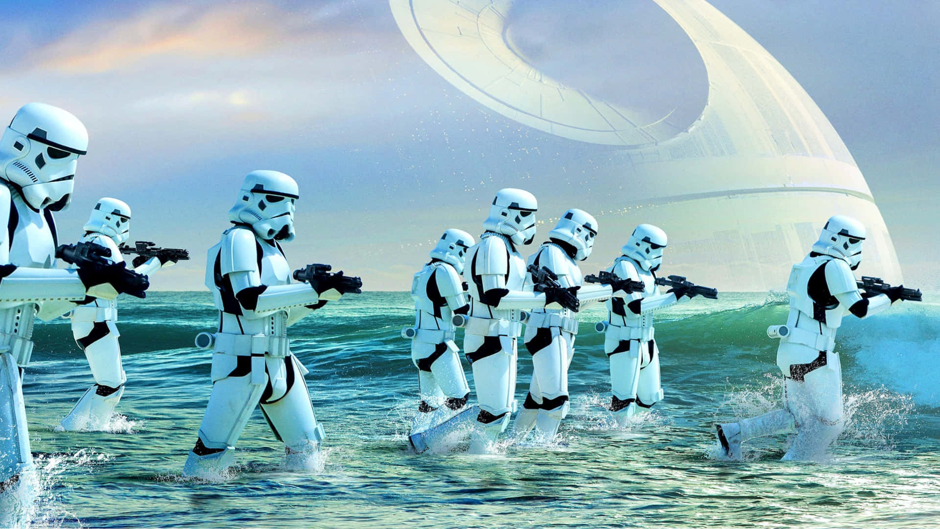 風暴兵涉水穿過海水向著一艘大型太空船前進。